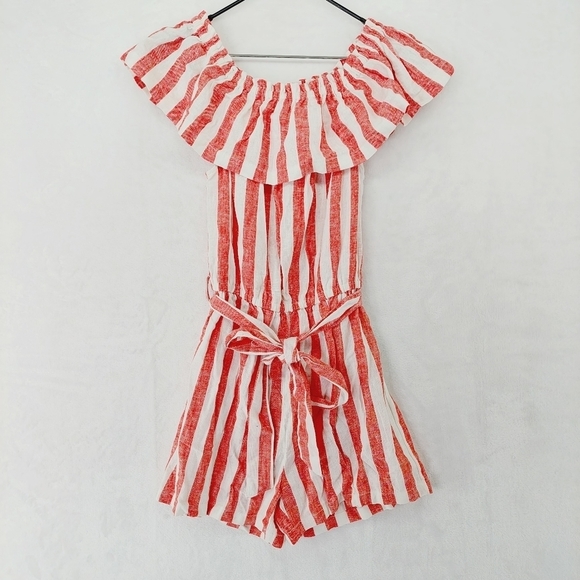 Love Tree Pants - NEW Love Tree Linen Rayon Off/Shoulder Red/White Stripe Belted Romper P742